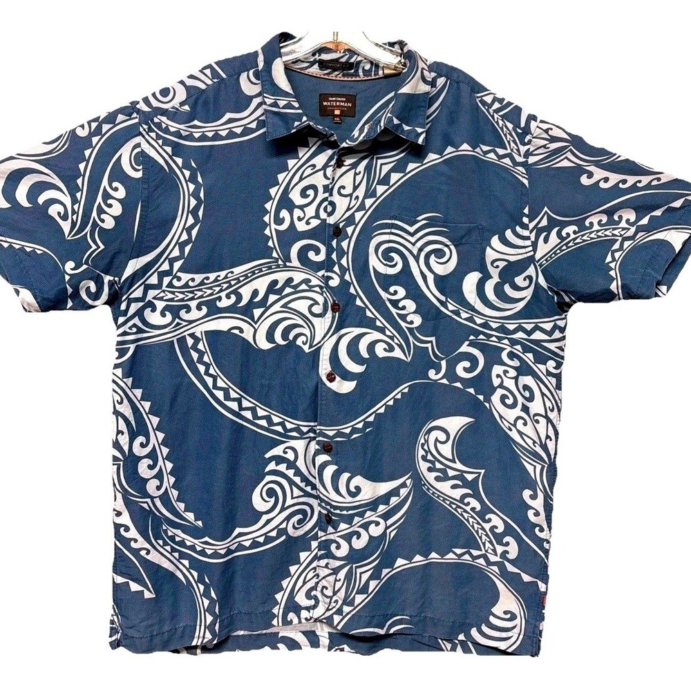 Quiksilver Waterman Mens XXL Blue Tribal Wave Print Short Sleeve Button Up Shirt